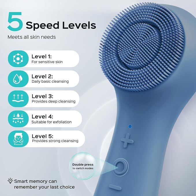 COSLUS FBS03 Face Scrubber Facial Cleansing Brush: 2 in 1 Spin and Vibration Patented, Silicone Electric Exfoliator Scrubber with Automatic Foaming, Waterproof Face Cleanser Brush (Navy Blue)