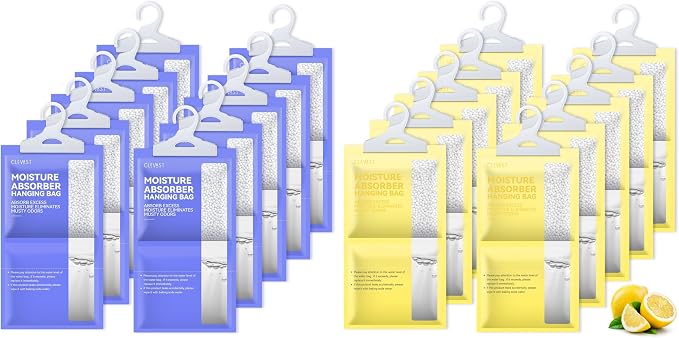 CLEVAST Moisture Absorbers Packets 10 Pack, Dehumidifier Bags for Closet, Unscented Hanging Humidity Absorber in Wardrobes, Bedrooms, Bathrooms