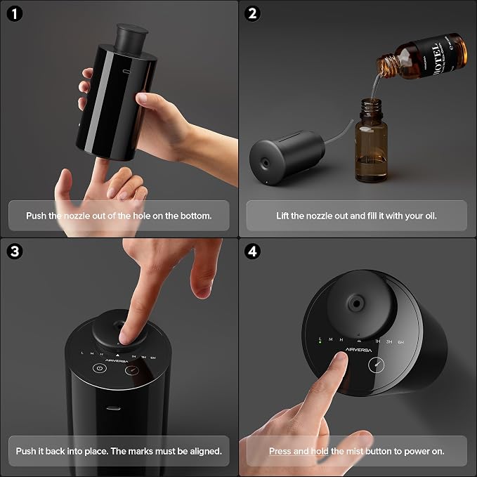 Airversa Waterless Essential Oil Diffuser Starter Kit with 2x20mL Hotel Fragrance Oils for Car Home Office, Cordless Battery Operated Scent Air Cool Mist Diffuser, Mist/Timers, AN6KIT-C Black
