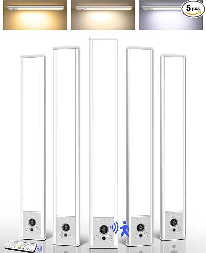 EZVALO 5-Pack Under Cabinet Lighting, 4000mAh Rechargeable Motion Sensor Light, 16.5inch Magnetic Closet Lights with Dimmable & 3 Color Temps, Wireless Motion Activated Lights with Remote for Kitchen