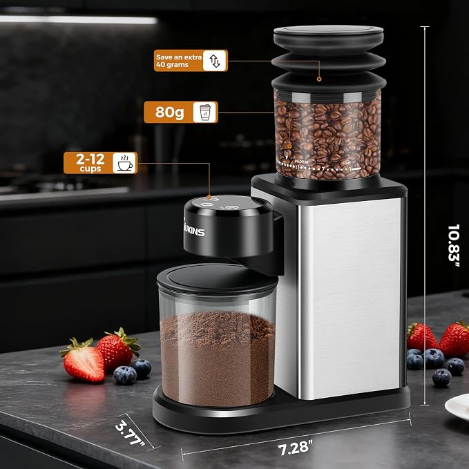 Electric Coffee Grinder for Home & Cafés: Automatic 25-Setting Conical Burr coffee grinder with 120g Expandable Hopper Durable - Anti-Static & Quiet Grinding Perfect for Multi-Cup Brewing