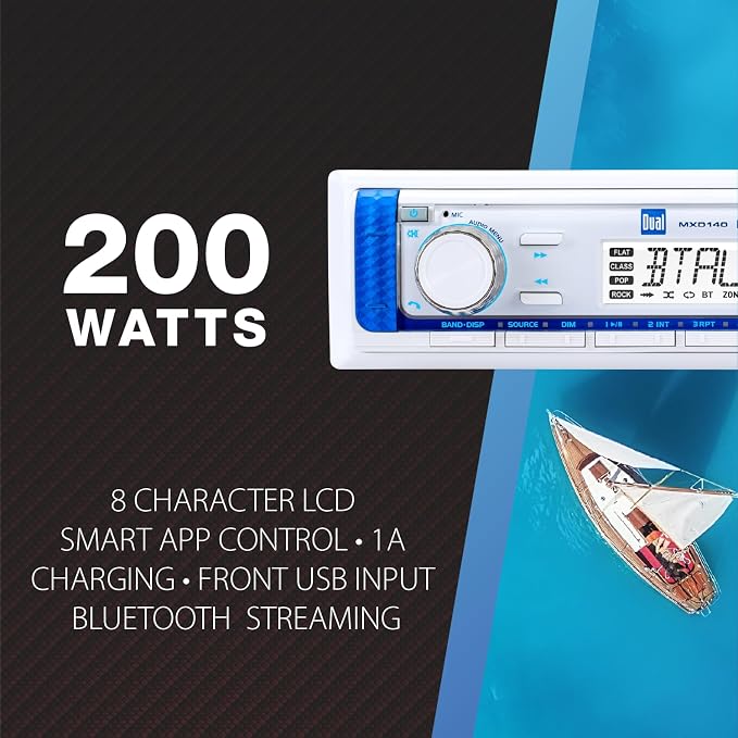 Dual Electronics MXD140 Marine Stereo with Built-in Bluetooth | Single DIN 8-Character Sunlight-Readable LCD Display | Weatherproof | AM/FM Stereo Receiver | USB Port with 2.1 A Charging | White