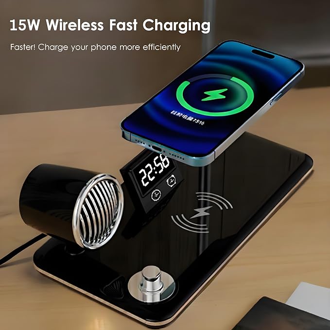 LED Desk Lamp for Home Office, 4-in-1 Modern Desk Light with 15W Wireless Charger, Bluetooth Speaker & Digital Clock, 3 Color Modes Eye-Caring Study Reading Lamp, Flexible Gooseneck, Black