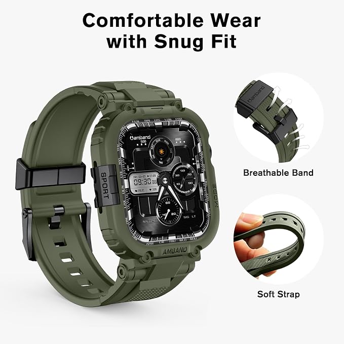 amBand Compatible with Apple Watch Series 11/10 42mm Bands Case for Men Women, M1 Sport Rugged Heavy Duty Protective Cover Tactical Strap Military Protector Bumper for iWatch Accessories - Army Green