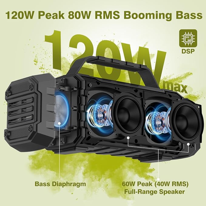 TOMPROAD Bluetooth Speaker 120W Peak 80W Portable Wireless Hi-Fi Loud Outdoor IPX6 Waterproof Big Party Speakers with Deep Bass, TWS Pairing, DSP Sound Boombox for Home Camping Beach