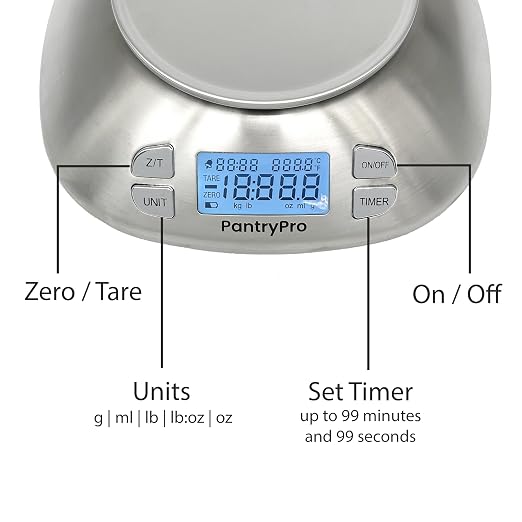 PantryPro Digital Kitchen Scale with Bowl - Stainless Steel 12lbs Capacity - LCD Display Grams and Ounces Battery Included