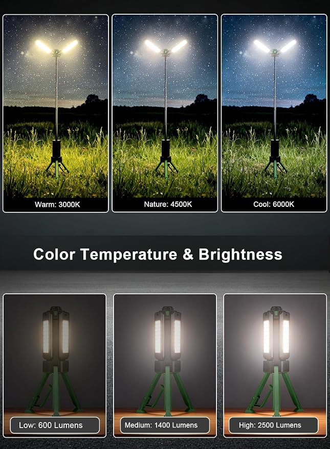 15000mAh Rechargeable Telescopic Camping Light, Portable Flashlight & Lantern with Reinforced Tripod Base, Height Adjustable Dimmable Tent Light, Power Bank for Outdoor BBQ, Hiking, Job Site, Green