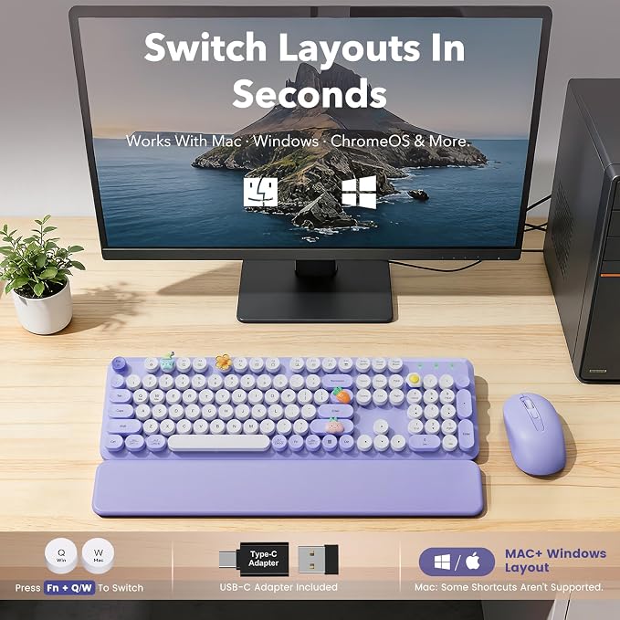 Wireless Keyboard and Mouse Combo, Full-Size Retro Typewriter Keyboard with Round Keycaps, Detachable Magnetic Wrist Rest, Tilt Legs, 2.4GHz Cordless for Mac, Windows PC, Laptop, SABLUTE CK23, Purple