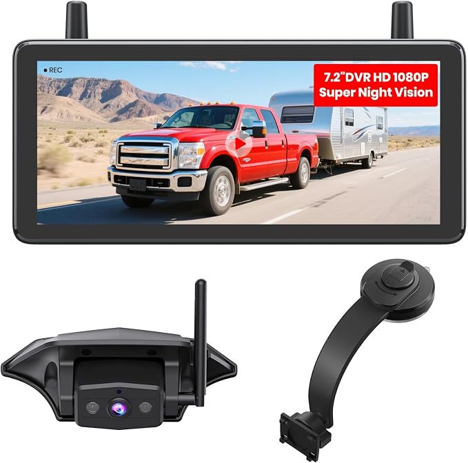 AUTO-VOX RV Backup Camera Bundle: 7.2'' Monitor, RV Wireless Camera (WF1),Suction Mounts – Flexible Monitor Placement, Wide Rear View, Strong Signal, Safer Parking & Campsite Monitoring