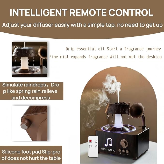 Vintage Record Player Diffuser with Bluetooth, 7-Color Lights & 7 White Noises, Ultrasonic Aroma Diffuser, 3H/6H Timer, Raindrop Rotation, Auto Shut-Off, Remote, for Home Office Decor