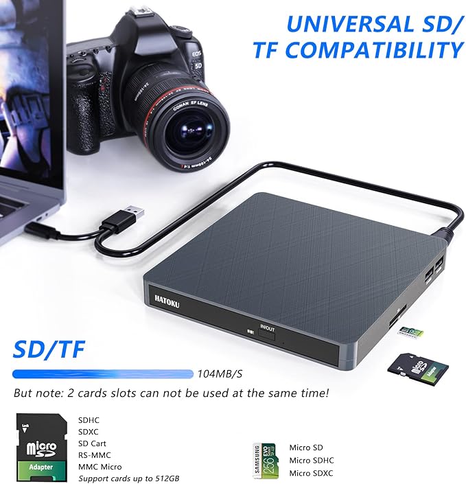 HATOKU External CD/DVD Drive for Laptop (USB 3.0 & USB-C): 8X DVD/24X CD Burner - Portable DVD Player for Laptop - Plug & Play External CD Drive for PC Desktop Windows 11 10 8 7 MacOS Linux (Grey)