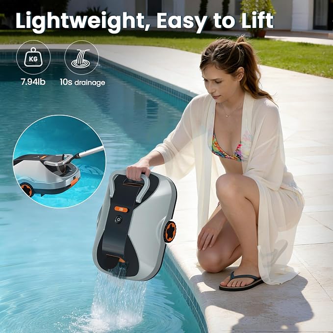 Robotic Pool Cleaner, Cordless Pool Vacuum for Above Ground & Inground Pools, 200mins Runtime Automatic Pool Vacuum Robot for Leaves & Dirt, Powerful Suction up to 2500 sq.ft, Self Parking-Orange