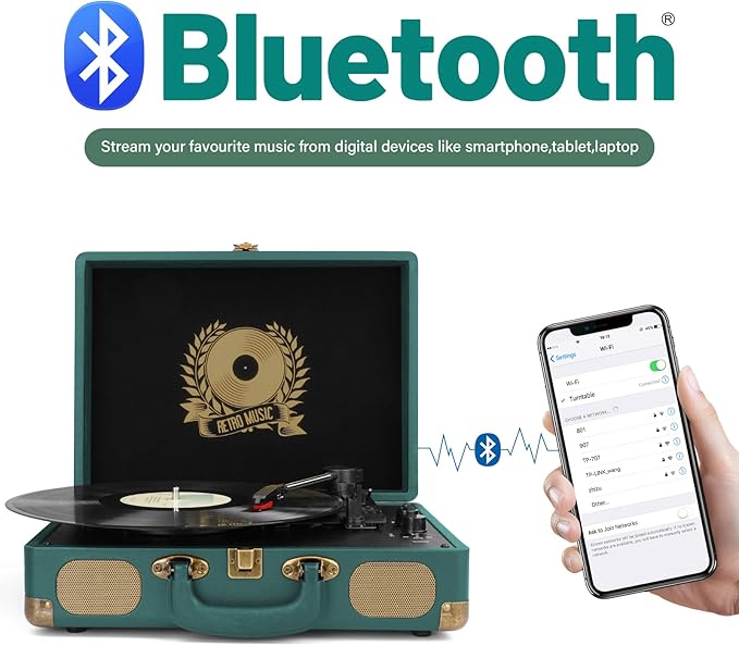 Vinyl Record Player Bluetooth Turntable 3-Speed Suitcase Portable Vintage Belt-Driven Record Player with Built-in Speakers RCA Line Out AUX in Headphone Jack Hunter Green