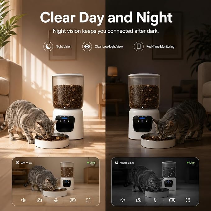 Automatic Cat Feeder with 2K Camera, Smart Pet Feeder with App Control for Cats & Small Dogs, 6L WiFi Automatic Dog Feeder with Night Vision, 2-Way Audio & Motion Alerts