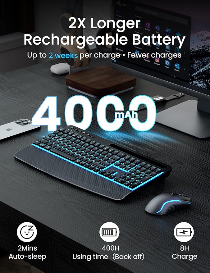 Wireless Keyboard and Mouse Combo,SABLUTE KM25Pro Rechargeable Backlit Ergonomic Keyboard with 4000mAh Battery, Wrist Rest and Phone Holder, Quiet for PC/Mac/Laptop/Windows/Chrome OS