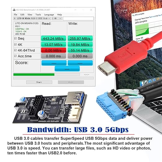 NFHK Type-C USB-C & 19/20Pin Header to USB 3.0 20Pin & Type-E Dual Ports Female PCBA Type Adapter Splitter HUB 5Gbps