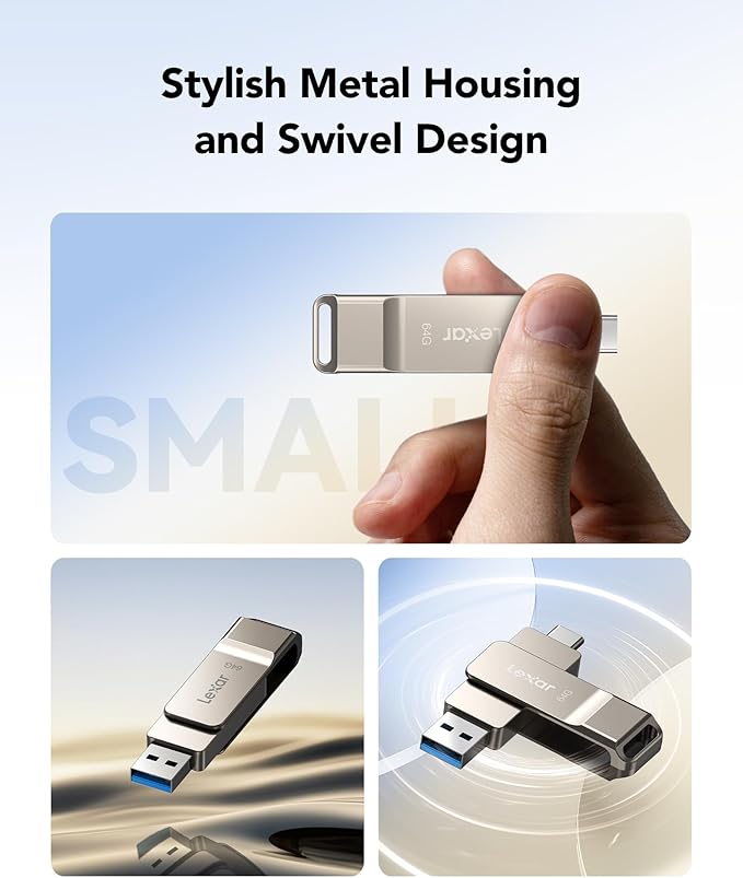 Lexar D40E 64GB Dual USB 3.2 Gen 1 Type-C Jump Drive, USB-C Flash Metal Housing Swivel Design Thumb Drive(Champagne Silver) (Pack of 4)