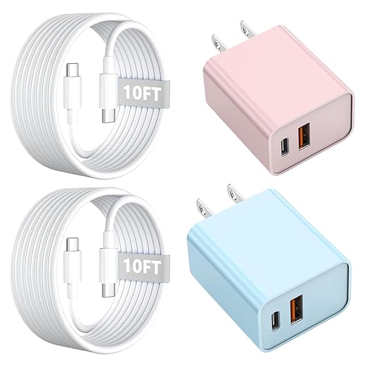 10FT iPhone 17/16e Fast Charger,2Pack 20W Dual Port USB A+C QC Apple Adapter with 10 Foot USB C to C Fast Charging Cable Cord for iPhone 17Air/17Pro/17Pro Max/16/16Pro/15/15Pro/Pro Max/Plus(Blue/Pink)