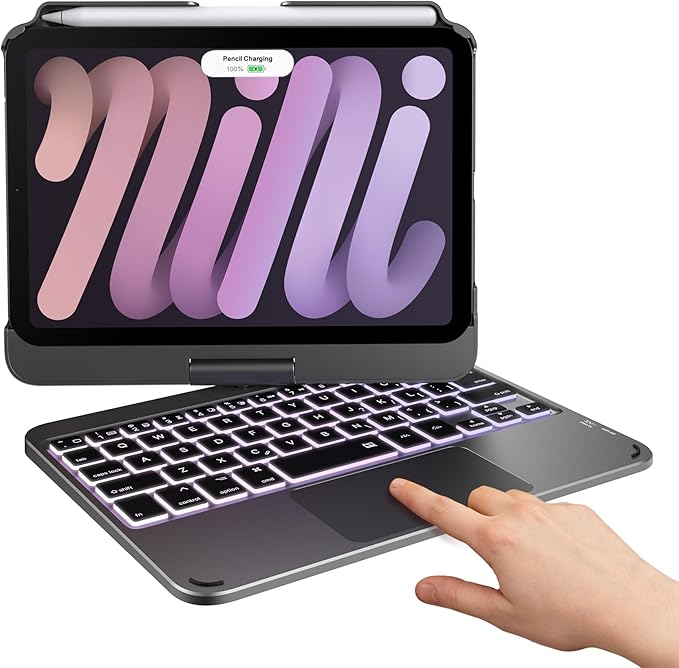 typecase Keyboard Case for iPad mini 7 (A17 Pro, 2024) & iPad mini 6th Gen (2021) 8.3-inch, Multi-Touch Trackpad, 360° Rotatable, 11-Color Backlit, Wireless Cover with Pencil Holder - Dark Gray