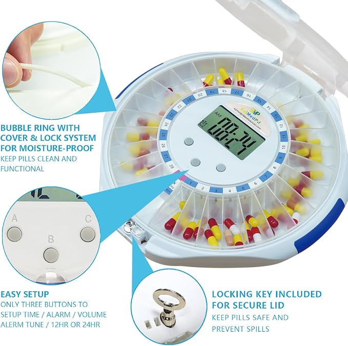 EziMedPil Bluetooth Automatic Pill Dispenser with App Setup for Caregivers | App Adherence History Tracking for Seniors, Locked 28-Day Organizer with Sound-Light Reminders, 9 Daily Alarms & LCD Display