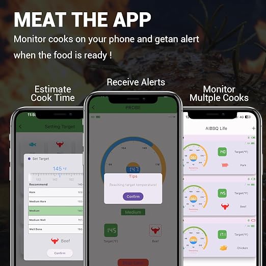 Smart Bluetooth Meat Thermometer with Magnetic Mount, Wireless Digital Food Thermometer, App Controlled, IP68 Waterproof, Long Range for BBQ Grill Oven Smoker, Compatible with iOS & Android