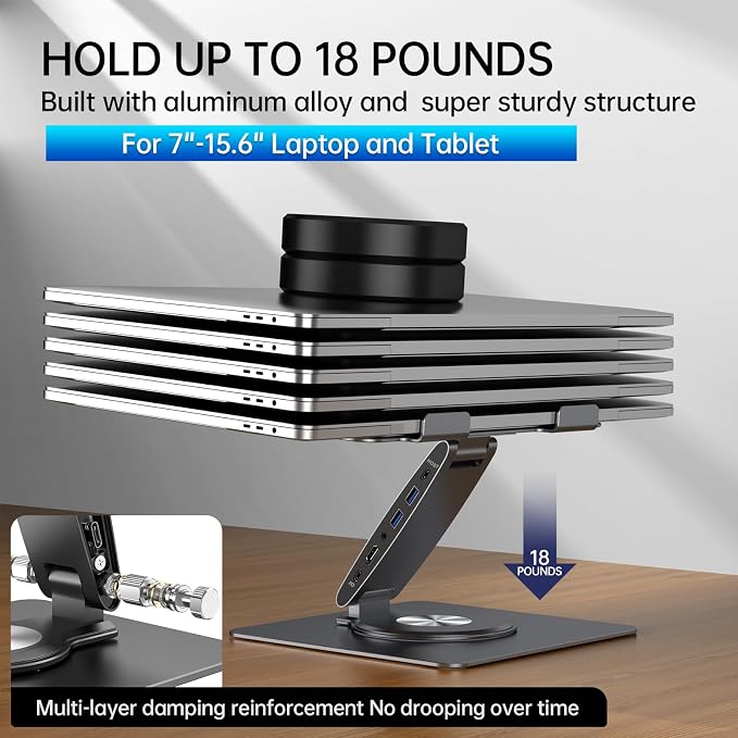 Laptop Docking Station Stand Dual Display 4K HDMI USB3.0 3.5mm Audio Jack 9-IN-1 360° Swivel Laptop Stand for Desk with USB-C Hub Multiport Adapter Universal for MacBook Pro/Air/Dell/HP/Surface/Lenovo