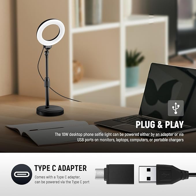 NEEWER Basics 5"/13cm Desk Ring Light with Stand, Phone Holder Base, 10W LED Selfie Light Compatible with iPhone for Video Recording Laptop Webcam Zoom Video Conference Lighting Makeup, Black BR60