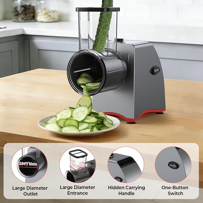 Electric Cheese Grater, Salad Maker with 5 Replaceable Multi-use Blades, 250W Electric Cheese Shredder, One-Touch Kitchen Slicer Salad Machine for Vegetables, Fruits, Cheeses, Nuts