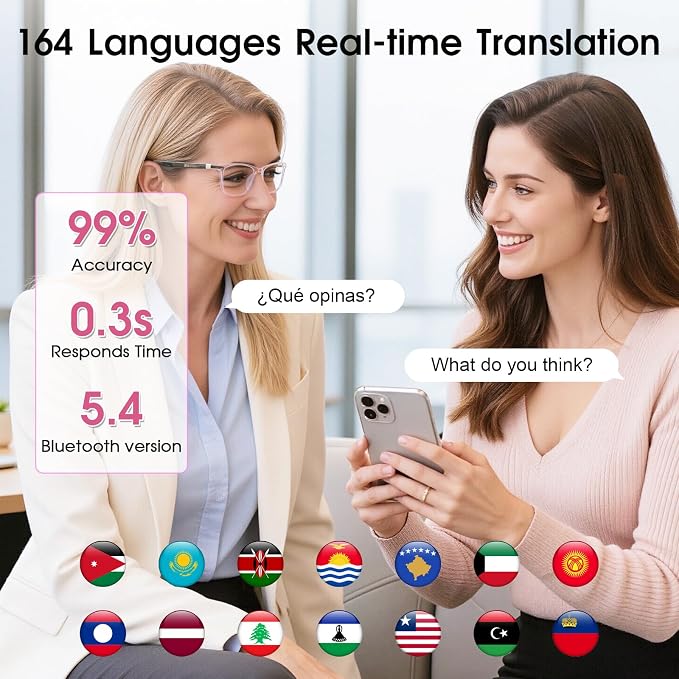 AI Glasses for Women, Bluetooth Glasses with 164 Languages Real-Time Translation, Color-Changing Lenses, Lightweight Thin Temples Free App, Stylish Wearable Tech Glass for Travel & Everyday Wear
