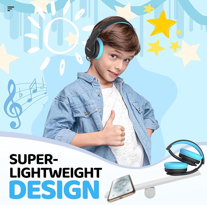 JoySpark Kids Bluetooth Headphones, Lightweight Wireless Headphones for Kids, 85/94dB Volume Limited, 60 Hours Playtime, Bluetooth 5.3, Over-Ear Toddler Headsets with Built-in Mic (Black Blue)