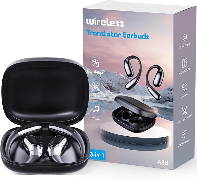 AI Language Translator Earbuds, Translation Earbuds Real Time, 3-in-1 Earbud Translator 144 Languages & Accents, Translation Headphones Fit iOS & Android for Travel Business Learning (A38 Black)