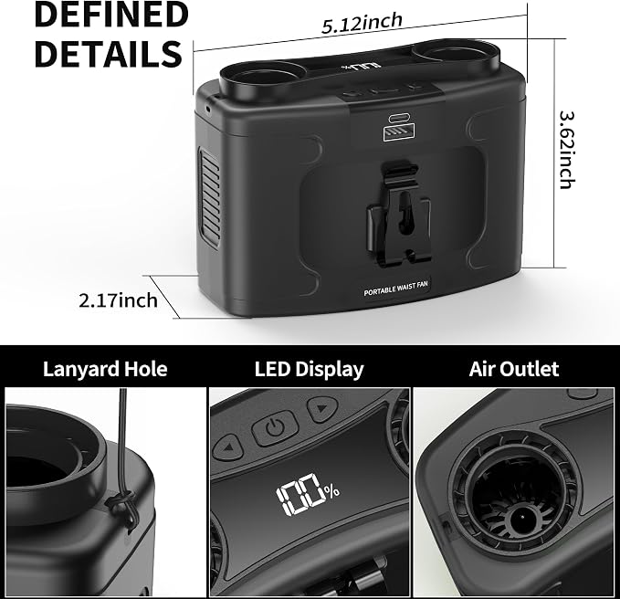PANERGY 20000mAh Portable Waist Fan, Father Day Gifts for Husband Dad, Rechargeable Belt Clip Fan, 40H Cooling Gadgets for Men, 10 Speeds for Blue Collar, Jobsite Gardening Camping Travel Essentials