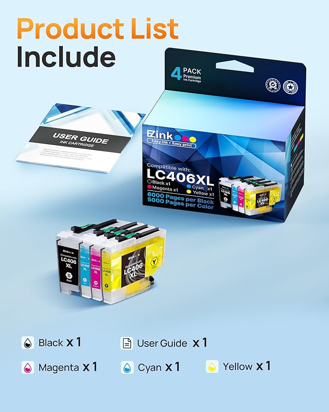 E-Z Ink LC406XL LC406 Ink Cartridges for Brother Printer Replacement for LC406 XL LC406XL for Brother MFC-J4335DW MFC-J5855DW MFC-J6555DW MFC-J4535DW MFC-J6955DW MFC-J4345DWXL MFC-J5955DW (4 Pack)