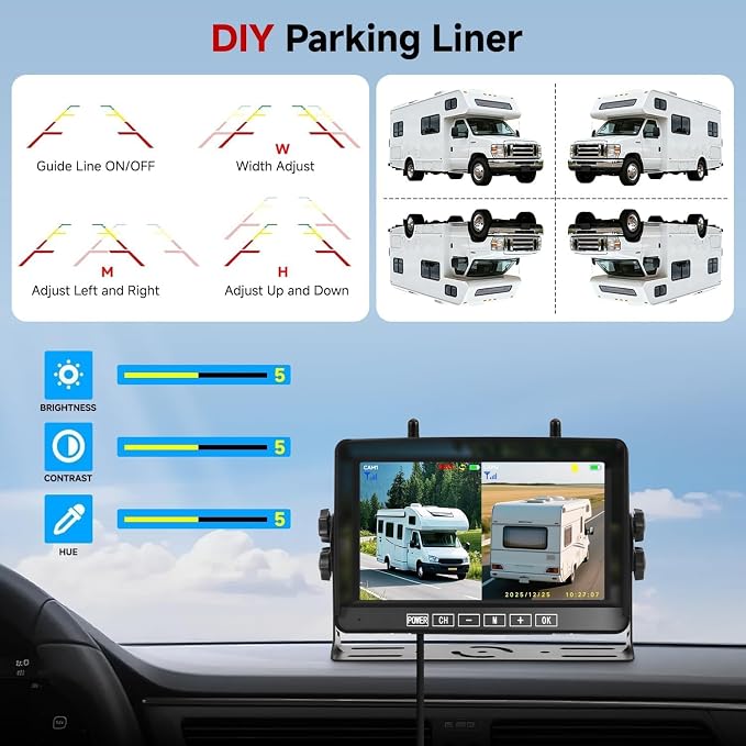 Dual Wireless Magnetic Backup Camera with 7” 1080P HD 4CH Monitor | Solar 15000mAh Rechargeable Night Vision Rear Camera, DVR Loop Recording Waterproof No Delay for Truck RV Camper Trailer Boat