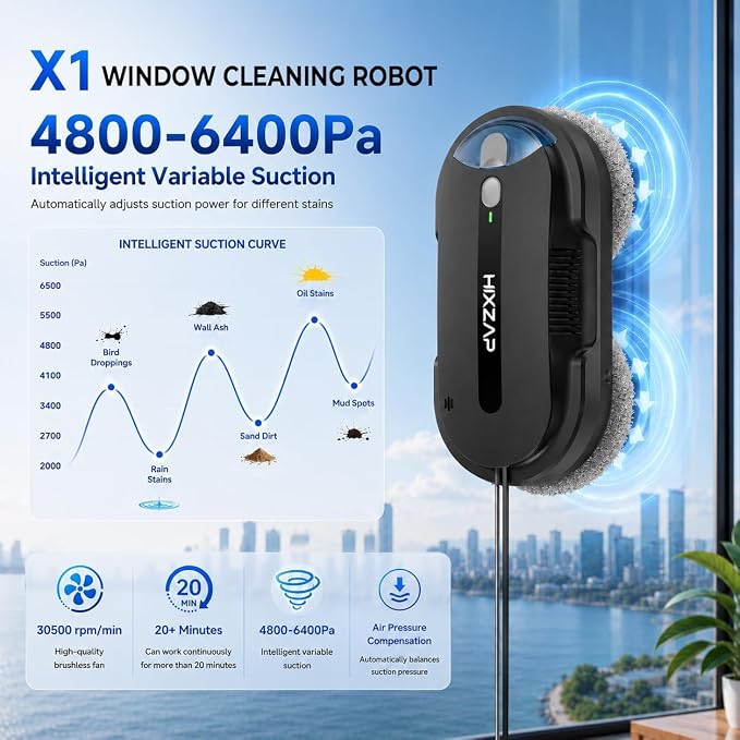 Window Cleaning Robot - Double Helix 4800-6400Pa Suction, Dual Ultrasonic Spray, 85ml Tank, Edge Detection, Anti-Drop, 3 Cleaning Modes for Streak-Free Glas (Black)