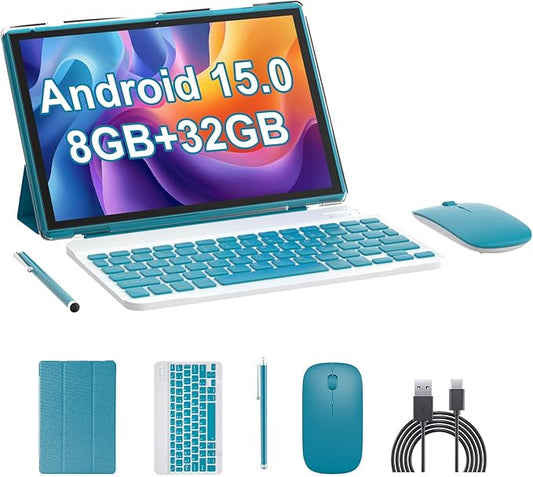 Tablet Android 15, 2 in 1 Tablets 10 inch with Keyboard Mouse Case Stylus, 8GB+32GB+1TB Expand, 1280 * 800 IPS Touch Screen Computer, 5G WiFi 6, L1, Long Battery Life Tablet （Green）