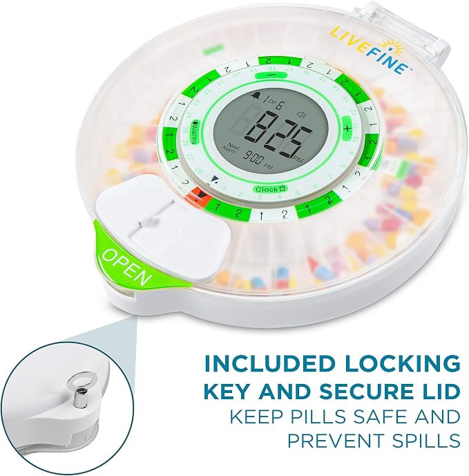 Live Fine 28-Day Automatic Pill Dispenser with Upgraded LCD Display, Key Lock, Sound & Light for Prescriptions, Medication, Vitamins, Supplements & More