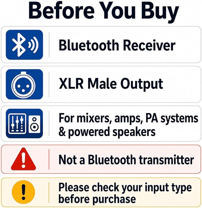 XLR Bluetooth Receiver XLR Male Output for Audio Mixers | aptX HD Low Latency, TWS pairing, for PA systems and powered speakers, not a Bluetooth transmitter