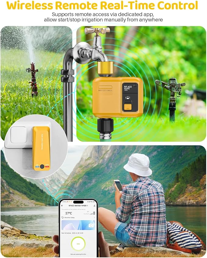 WiFi Water Timer 1 Zone for Garden Hose, 2 Pc Smart Sprinkler Timer with 984ft RF Range, Smart Lawn Watering System Irrigation Controller, APP/Voice Control, Rain Delay, Automatic/Manual Irrigation