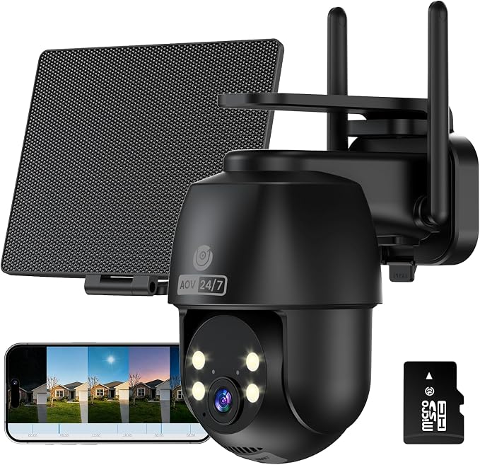 MUBVIEW 24/7 Continuous Recording Wireless Outdoor Security Camera, 2.4G WiFi, 2K Solar Powered, 360° PTZ, Auto Tracking, SD Included, Optional Cloud Storage, AI Detection, Night Vision, IP 65(1 Pack)