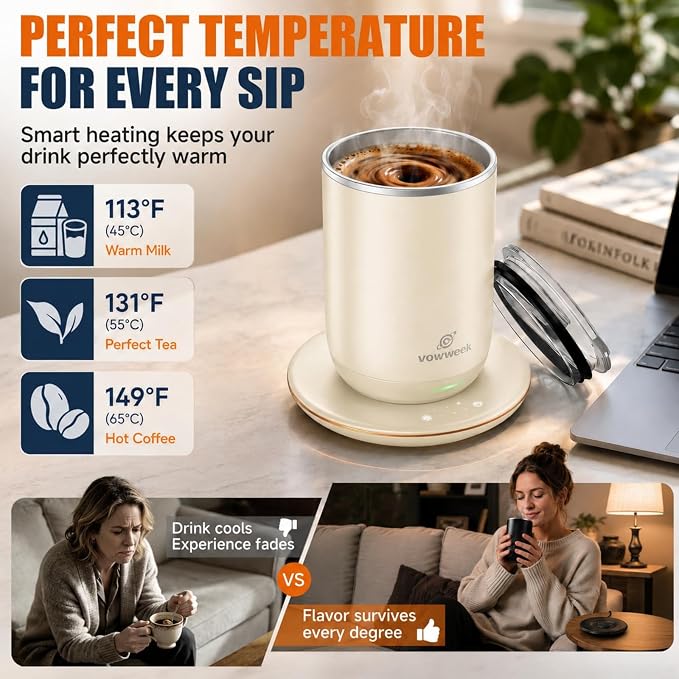 Self Stirring Heated Coffee Mug, 10 oz Auto Magnetic Mixing Cup, White | 304 stainless steel interior. Includes 3 heat settings, 8H auto shut-off, plug-in base for home office desk