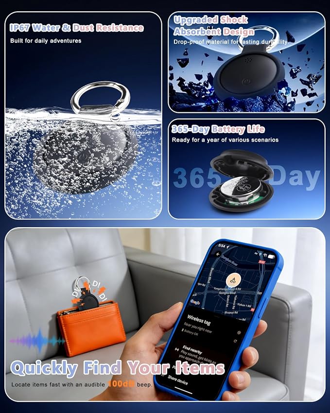 Dual System Bluetooth Tracker for iOS and Android: Smart Tag 4 Pack - Compatible with Apple Find My (iOS) & Google's Find Hub(Android) for Keys, Luggage, Wallet, Vehicles - Long Range Item Locator