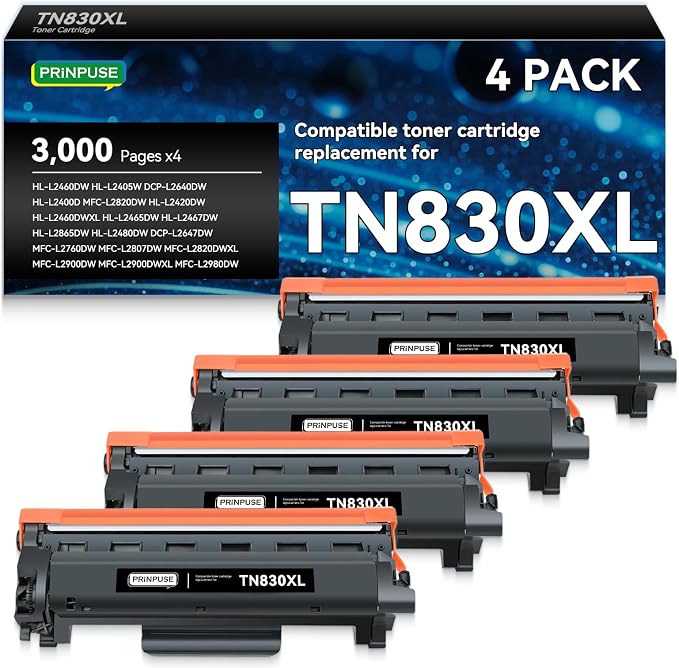 TN830XL 830XL Toner Cartridge Compatible Replacements for Brother TN830 TN830XL Toner Cartridge Work with Brother Printer HL-L2405W HL-L2460DW DCP-L2640DW MFC-L2820DW MFC-L2900DW,4 Black
