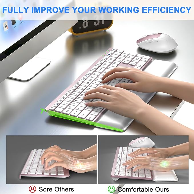 Wireless Keyboard and Mouse Combo, Full Size Silent Ultra Thin Keyboard with Magnetic Wrist Rest, Optical Mouse, 2.4G Lag-Free Cordless Mice Keyboard Set for Computer, Mac, Laptop, PC, Windows