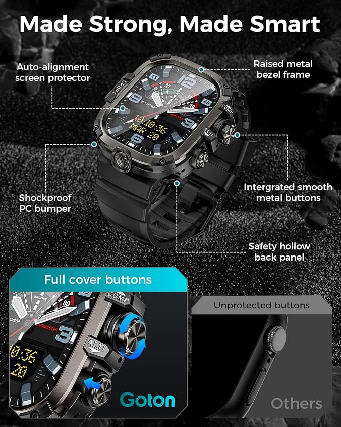 Goton Rugged Case and Band Kit with Screen Protector for Apple Watch 49mm, Compatible with Apple Watch Ultra 3/2/1, Full Body Shockproof Metal+PC Bumper Cover with Soft Band, 49mm Black