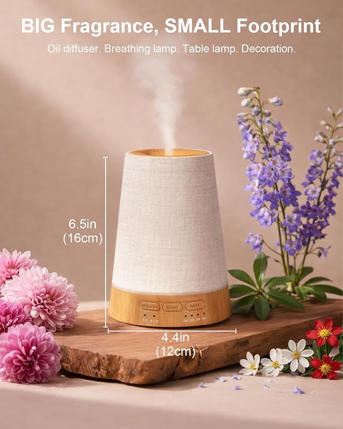 Marchred 150ml Cordless Fabric Essential Oil Diffuser with Guided Breathing Light, Portable Aroma Diffuser with Rechargeable Battery, 7-Color LED & Warm Night Light for Home, Meditation & Relaxation