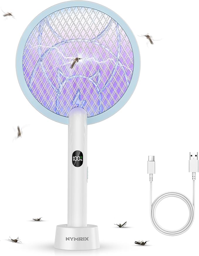 Nymrix Electric Fly Swatter Racket, 2 in 1 Mosquito Bug Zapper 4100V Max Handheld Mosquito Killer with 1800 mAh Rechargeable Battery, Purple Light and 3-Layer Safety Mesh for Indoor Outdoor Blue