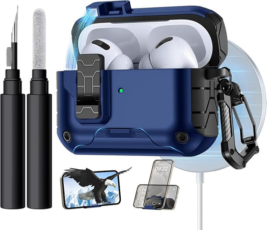 Lerobo for AirPods Pro 2 Case with Cleaner Kit & Phone Stand,Hard Protective Cover Compatible with Magsafe for AirPods Pro 2nd/1st (USB-C/Lightning Cable), Magnetic Lock,Drop Protection, Navy Blue