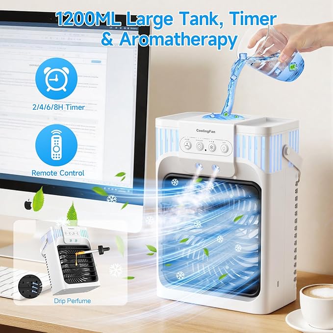 Portable Air Conditioners, 4-IN-1 Personal Evaporative Air Cooler with Remote, 3 Speeds & 3 Mist, 7-Color Night Light, 2-8H Timer, 1200ML Mini Air Conditioner Cooling Fan for Bedroom Office Home