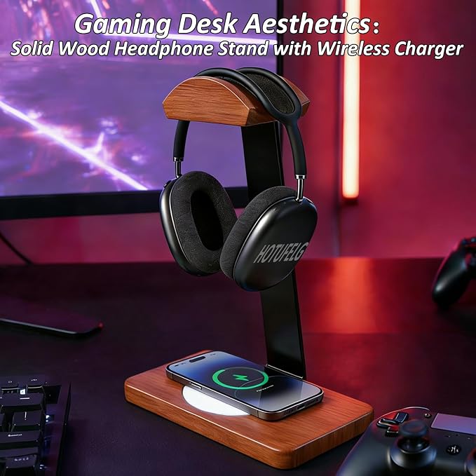 Solid Wooden Headphone Holder with Fast Wireless Charging Pad, Universal Headset Stand for Gaming Desk, Headphone Rack Compatible with Airpods Max,Bose,Razer,AKG Equipment Accessories for Walnut Desk